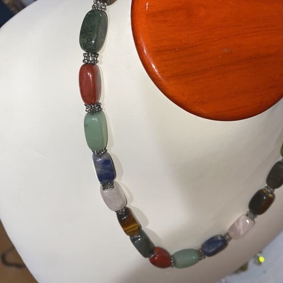 Multicolored Semi Precious Stone & Sterling Silver Chain Necklace - Picture 7 of 8